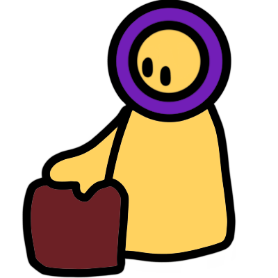 A yellow figure with a purple ring on hir head touching a red square.
